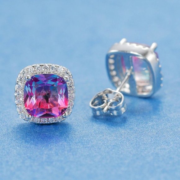 NEW White Gold Rainbow Diamond Halo Stud Earrings - Picture 5 of 5